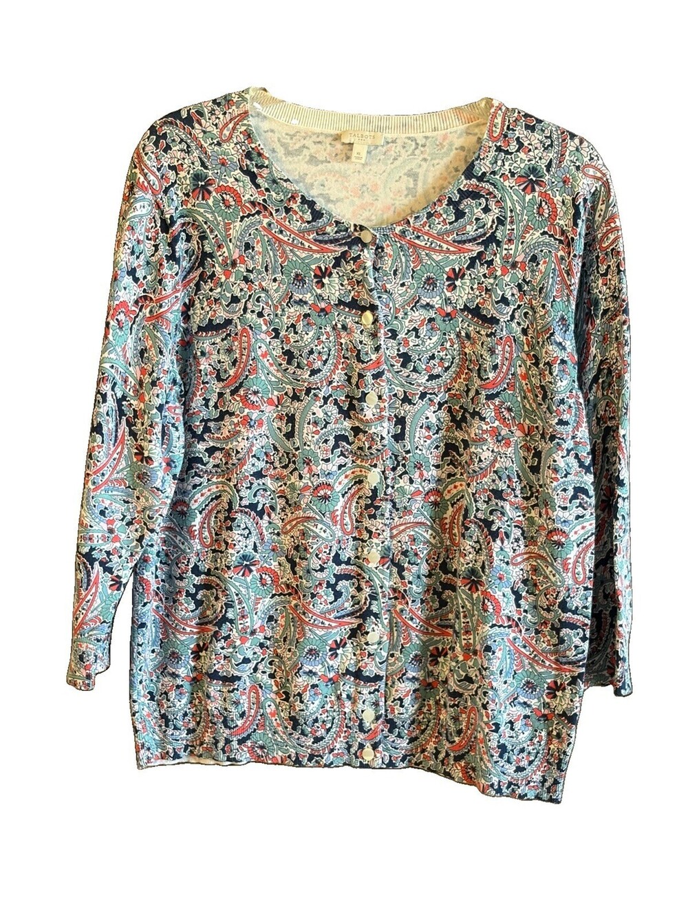Talbots XL Cardigan Womens Blue Paisley Button Down Career Casual Cotton